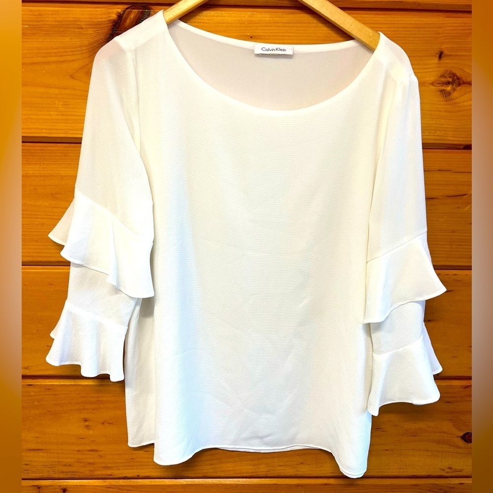 Calvin Klein Large Textured Ruffle Sleeves Lined Ivory Womens Round Neck Blouse
